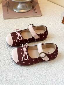 2025 时尚卡其色女童鞋，编织蝴蝶结装饰，卡其色皮革，白色圆圈防滑平底复古公主风鞋，适合 3-12 岁女孩作为公主鞋参加派对、度假或夏季郊游！