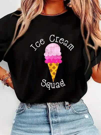 100% Cotton Ice Cream Squad - Ice Cream Cone Lovers T-Shirt Women's Summer Vacation Soft Tee Relaxed Fit Classic Comfort Tops Black Crew Neck Shirts