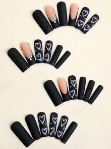 24片法式美甲贴纸，长方形，黑色闪粉，心形装饰，XXL/XXXL尺寸，水钻设计，Y2K时尚风格，光滑表面，全覆盖，适合女性和女孩，情人节，日常美甲用品 - 黑色 - 查看 2