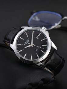 LONGLUX 1pc Men's Automatic Mechanical Watch With Date Calendar PU Leather Strap, Business Premium - Black - View 4