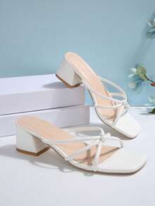 女士方头高跟凉鞋 - 女士低跟粗跟凉鞋 - （约5厘米）露趾多带粗跟套脚穆勒凉鞋 - 白色高跟鞋，适合派对、婚礼、正式场合、春夏装扮 - 白色 - 查看 7