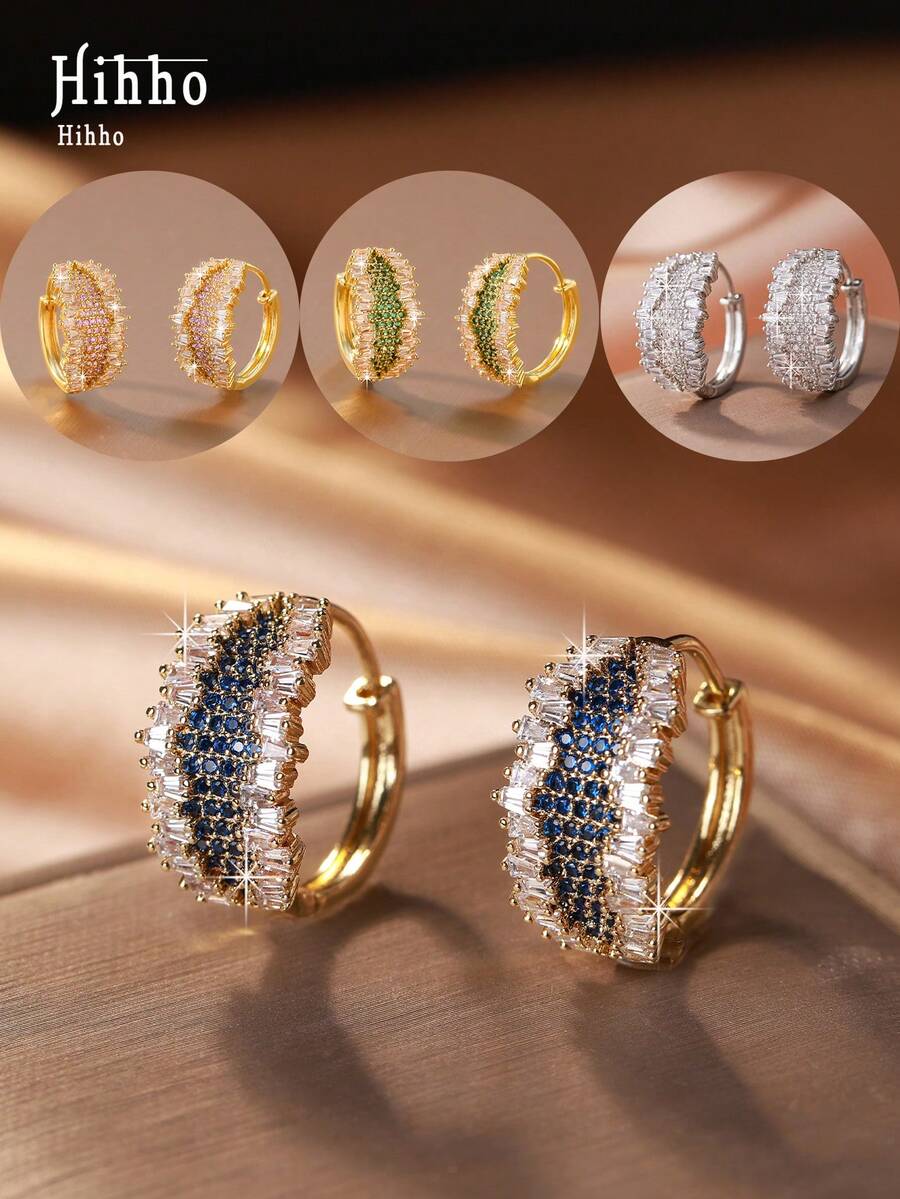 Hihho 1 Pair Shiny Sapphire Blue And White Zirconia Embedded Geometric Hoop Earrings, Fashion Elegant Personal Accessory, Suitable For Women's Daily Wear And Party/Holiday Gift - Earrings - View 1