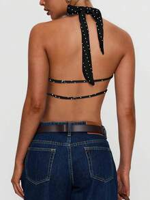 Women's Polka Dots Print Halter Tops Sleeveless Tie Back Crop Top Fashionable Going Out Backless Deep V Neck Summer Top Y2k Party Club Tank Tops - màu đen - Xem 3