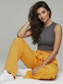 Comfortable Women's Wide-Leg Sweatpants, Soft, Structured Fit, Casual, Basic, Plain, With A Faux Drawstring. - Mustard Yellow - View 6