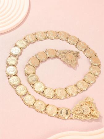 1 pieza Cadena de cintura con retrato de Napoleón de metal calado para mujeres, adecuada para bodas, banquetes, fiestas, cinturón de cintura estilo marroquí, regalo de vacaciones para atuendo de bata