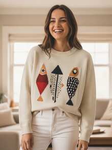 Women's Loose Fit Lightweight Sweater Fashionable Abstract Fish Print Long Sleeve Round Neck Knit Tops - 米色 - 查看 1