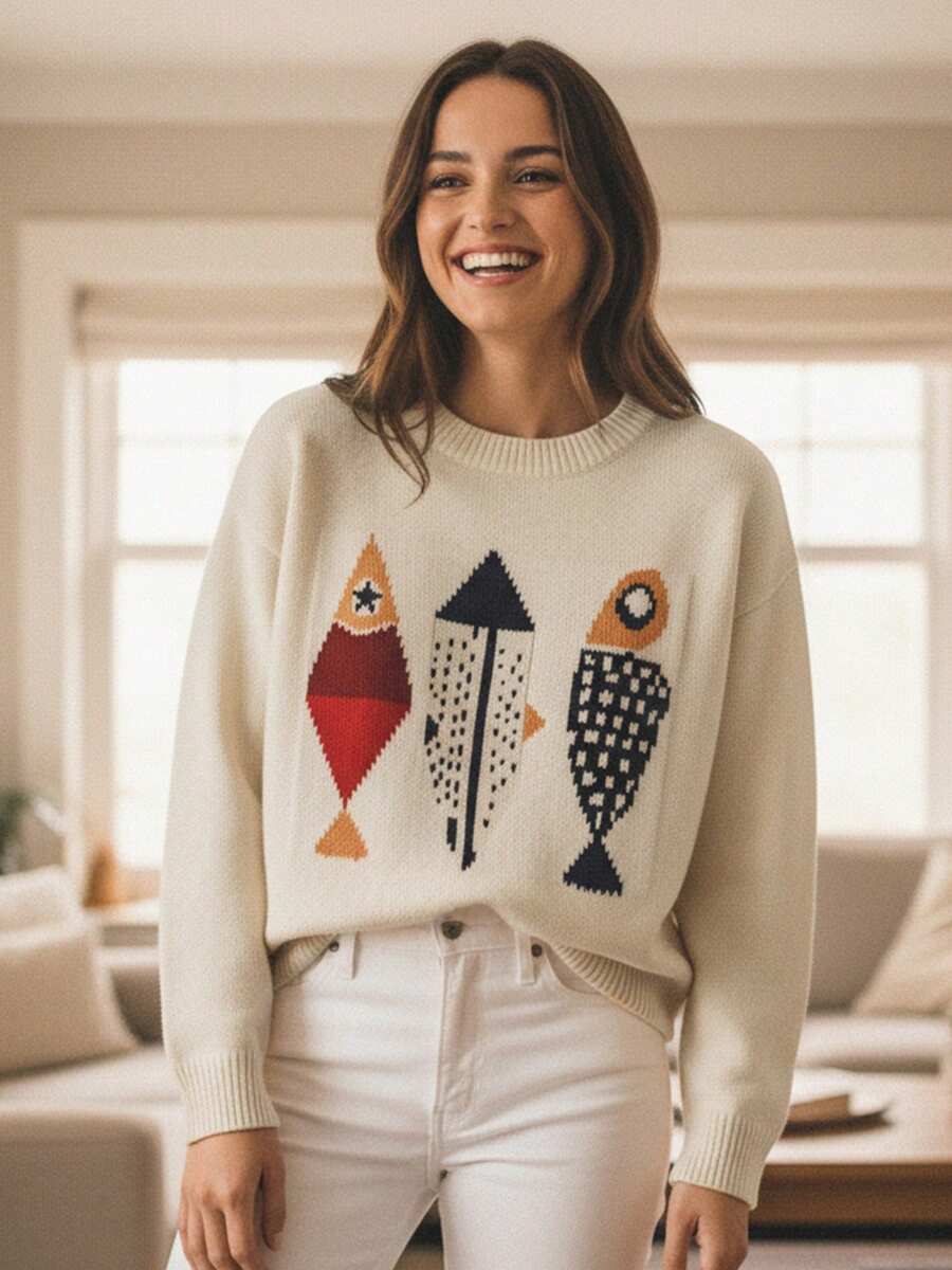 Women's Loose Fit Lightweight Sweater Fashionable Abstract Fish Print Long Sleeve Round Neck Knit Tops - 米色 - 查看 1