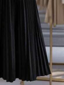 Women's Elegant Pleated Dress, Button Waist Long Sleeve Shirt Style Dress (Belt Not Included) - Black - View 5