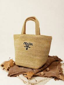 Prada 卡其色拉菲草编织手提袋 - 大容量编织购物袋，法式乡村风格，拉菲草手提包 - 卡其色 - 查看 4