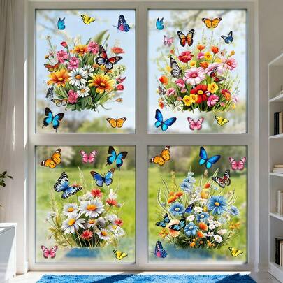 1/4 szt. naklejek na okna z motywem wiosennych kwiatów, wielokrotnego użytku naklejki elektrostatyczne z PVC z kolorowymi stokrotkami i motylami, odpowiednie do drzwi przesuwnych, chroniące przed kolizjami i zderzeniami z ptakami, do dekoracji salonu i domowego biura.