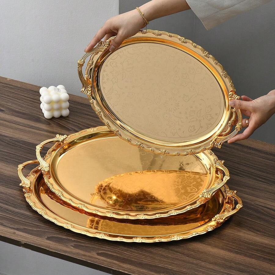 带把手的奢华金色椭圆形托盘，派对装饰及盛菜盘，聚会祈福仪式餐具，化妆品及珠宝收纳托盘（3种尺寸可选） - 彩色 - 查看 1