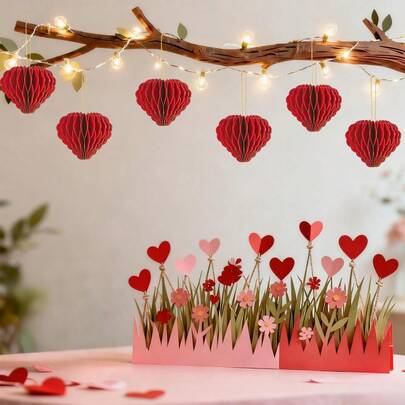 6件装派对装饰闪光边悬挂纸蜂窝心形爱心挂件，适用于情人节、婴儿房、生日、婚礼、毕业典礼等场合
