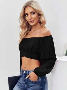 Womens Off Shoulder Ruched Tie Back Crop Top Summer Lantern Sleeve Boho Blouse Top - màu đen - Xem 2