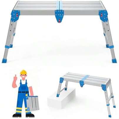 Work Platform 500 Lbs, Foldind Step Stool With One-Touch Automatic Fold, 4 Height Adjustment Step Platform, Perfect For RV Cleaning, Home Painting And Reaching High Places, Larger, Blue