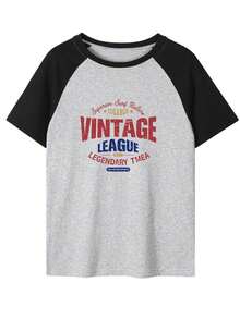 女士插肩撞色圆领休闲日文字母卡通印花短袖T恤，春夏款 - 深花灰 - 查看 4