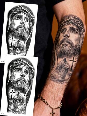 2张耶稣图案临时纹身贴纸，防水防汗，可持续2-5天，逼真不反光黑色纹身贴纸，男女通用，适用于手臂、胸部、腿部、腹部、腰部、手指、颈部、脊柱等身体部位，现代简约人体彩绘