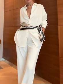 女士休闲通勤衬衫裤套装，长袖翻领贝壳扣衬衫+阔腿裤两件套，纯色休闲前扣办公日常穿着，春夏款 - 杏色 - 查看 4