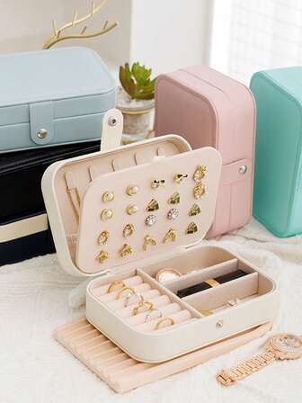 1pc Travel Jewelry Box, Small PU Leather Jewelry Storage Box For Women & Girls, Portable Dual-Layer Mini Travel Case For Earrings, Rings, Necklaces, With Removable Divider, Multi-Functional Jewelry Box