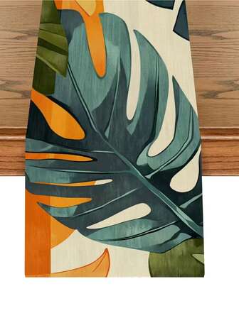 Tropical Charm Table Runner - Orange & Dark Green Leaf Print, Microfiber, Woven Design, Perfect For Summer Decor, Home Gatherings, Indoor/Outdoor Use, Living Room, Kitchen, Holiday Gift, Tropical Theme Decor