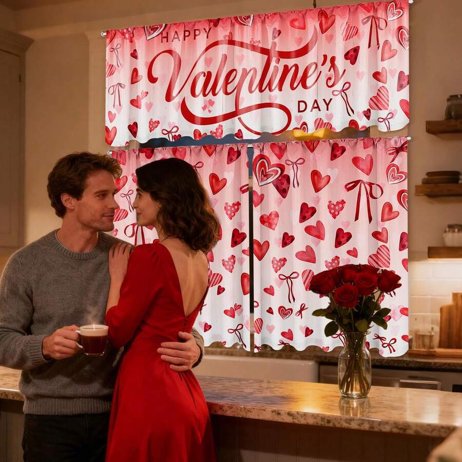 1/2/3 Pezzi Set di tende da cucina, mantovane e tiers per la Festa di San Valentino, con decorazioni a cuore, palloncino, rosa, freccia, romantiche, tende corte per decorazione camera da letto, decorazione festa, forniture - Multicolore - Visualizzare 1