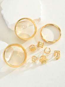Set de 9 piezas de pulseras tipo brazalete vintage de oro grueso, con dijes de estrella de mar, girasol, perlas falsas, conchas falsas y anillos geométricos bohemios, adecuado para mujeres en vacaciones, citas, fiestas y uso diario - Amarillo Oro - Ver 5