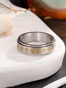 1 pieza Anillo giratorio de flor de acero de titanio, anillo de compromiso/boda para hombres y mujeres; 1 pieza Anillo de mujer con incrustaciones de circonita cúbica hueco y de moda; 1 pieza Anillo minimalista elegante de mujer con incrustaciones de circonita cúbica; 1 pieza Anillo de mujer con incrustaciones de circonita cúbica de dos tonos