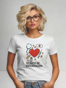 Camiseta Estampada Feminina Técnico Coração Profissão Enfermagem Estilosa Blusa 100% Algodão Promoção - Branco - Visão 1