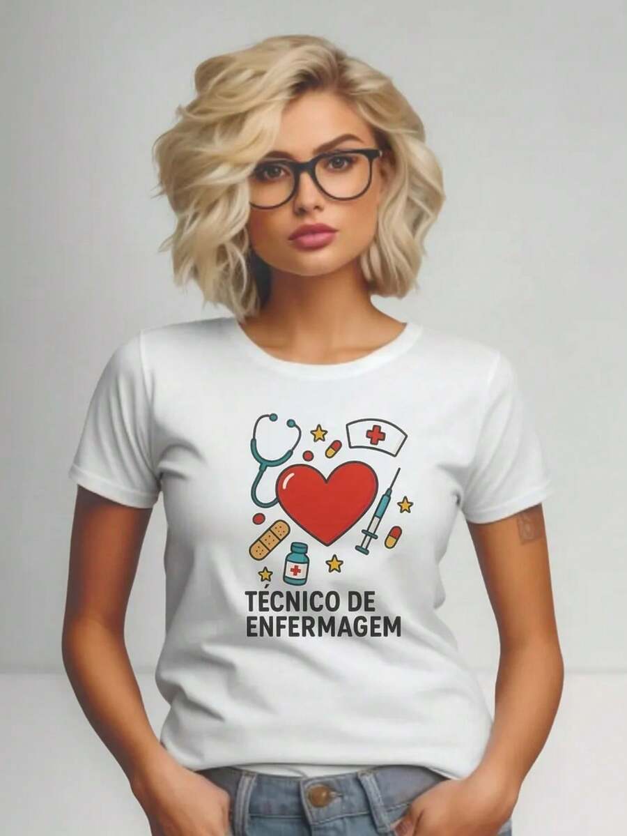 Camiseta Estampada Feminina Técnico Coração Profissão Enfermagem Estilosa Blusa 100% Algodão Promoção - Branco - Visão 1