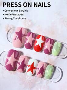 24片椭圆星形美甲贴纸，法式亚克力材质，完美贴合指尖，套装包含：1瓶果冻胶和1把指甲锉。棕色系情人节主题美甲贴纸，让您的指尖闪耀动人，适合派对、跳舞和日常使用。 - 查看 2