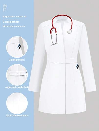 cimmuovere Bata de manga larga con cuello vuelto y múltiples bolsillos para mujeres, uniforme de enfermera, ropa de trabajo, dentista, atención médica, veterinaria, laboratorio, color blanco