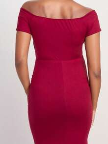 Maternity V-Neck Solid Knit Formal Dress, Suitable For Evening Party, Wedding, Photo Shoot, Spring/Summer - Red - View 5