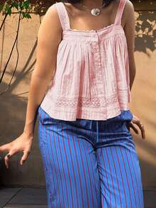 Women Camisole, Sleeveless Tops Lace Trim Button Closure Loose Summer Vest for Party Club - Rosa - Ver 3