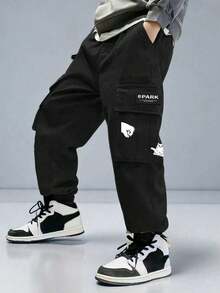 1pc Tween Boy Casual Outdoor Pocket Cartoon Print Cargo Pants, Spring/Summer/Autumn - Black - View 2