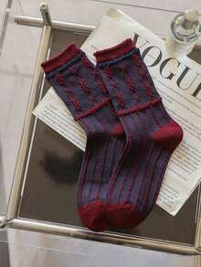 5 Pairs Women's Striped Mid-Calf Socks, Red And Blue Color, Suitable For Autumn/Winter, Indoor, Outdoor Activities And Sports, Fit For Young Adults Aged 18-40