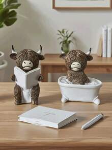 趣味浴室装饰 - 高地牛读书马桶水桶雕像，农舍风格浴室装饰，树脂材质，可作家居办公摆件或礼品，无需用电，幽默设计，质感细节，圣诞节和感恩节的理想之选 - 彩色 - 查看 9