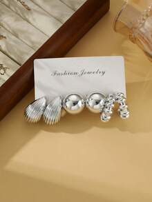 Set de 6/18 pendientes de moda en plata, incluye diseños florales, con textura de concha, brillantes, aros minimalistas, estilos mixtos adecuados para uso diario - Plateado - Ver 3