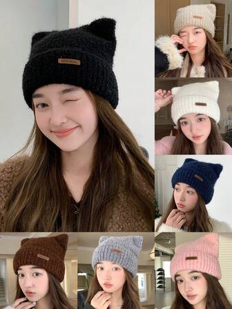 1pc Women's Hat, Leather Label Letter Small Ear Animal Shape Fashion Retro Knit Hat, Suitable For Autumn/Winter Outdoor, Street, Keeping Warm, Large Head Circumference, Casual, Knitted Hat, Suitable For Daily And Holiday Use