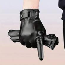 1 Pair Men's Leather Gloves, Winter Warm Thermal Lined, Windproof Waterproof Touchscreen Motorcycle Riding Gloves, Black