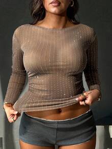 Sexy Khaki Rhinestone Long Sleeve Fitted Top Women Boat Neck Club Night Out Cocktail Party Tops - 卡其色 - 查看 2