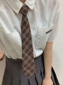 1条女士棕色格子窄领带，学院风领带，适合搭配西装外套/衬衫，日常/休闲场合皆宜。 - 卡其色 - 查看 2