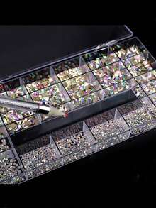 21片装美甲平钻套装，包含2500颗圆形钻石和600颗异形扁平钻石，多形状水钻套装盒装，附赠点钻笔，适合美甲DIY装饰 - 彩色 - 查看 2