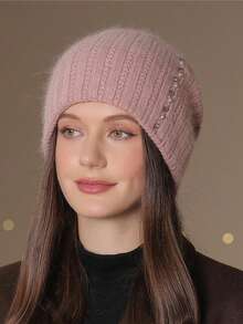 1pc Women's Warm Double-Layer Knitted Hat, Fashionable Pearl Headband Earmuffs Beanie, Thick Knitted Hat For Mothers In Winter