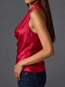Women Satin Halter Tank Tops Fitted Solid Color Cowl Neck Sleeveless Shirts  Summer Streetwear - Đỏ - Xem 2