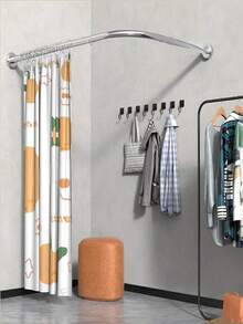 弧形可伸缩浴帘杆，需搭配L型浴室杆使用，不锈钢加固可伸缩L型杆，浴室浴帘套装 - 銀色 - 查看 1