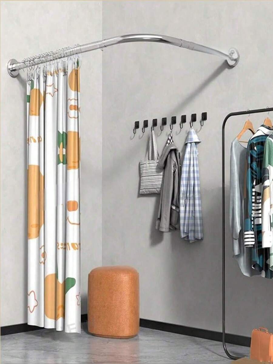 弧形可伸缩浴帘杆，需搭配L型浴室杆使用，不锈钢加固可伸缩L型杆，浴室浴帘套装 - 銀色 - 查看 1