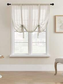 1件米色条纹亚麻窗帘，系带罗马帘，时尚半透明窗帘，适用于厨房、浴室、小窗户 - 米色 - 查看 8