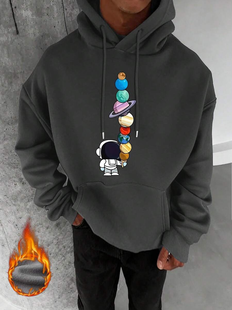 Zrgoth Men's Planet Element Print Kangaroo Pocket Hoodie Sweatshirt, Suitable For Couples, Autumn/Winter - Dark Grey - View 1