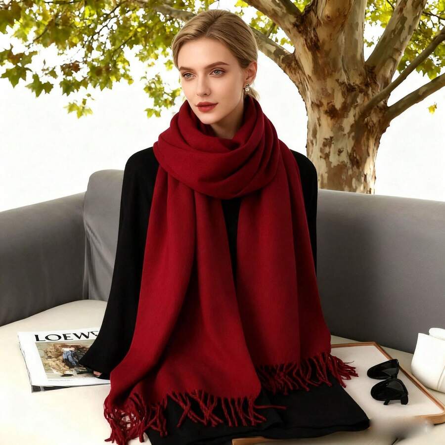 1 pezzo Sciarpa reversibile di moda per donna, scialle/stola spesso e caldo a doppio uso con nappe, adatto per l'inverno e ambienti climatizzati - Bordò - Visualizzare 1