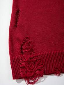 男女通用休闲宽松破洞字母印花圆领短袖针织衫，红色，春夏款 - 紅色 - 查看 9