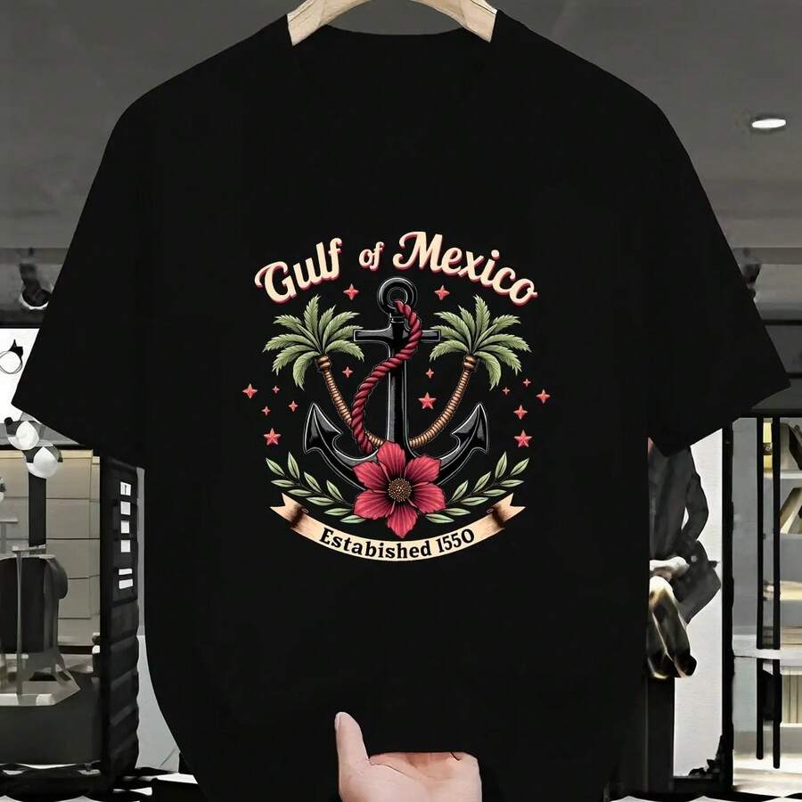 Camiseta de Hombre de Talla Grande con Diseño de Arrugas del Golfo de México - Negro - Ver 1